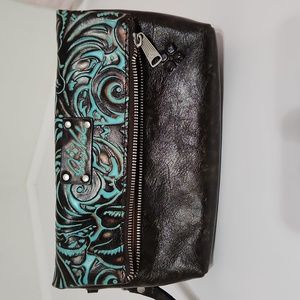 Patricia Nash, Leather hand tooled, turquoise & brown, large wristlet, c…
